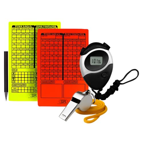 Kit de Árbitro Profissional, Cartões Amarelo e Vermelho, Apito Metálico com Cordão, Cronômetro Digital